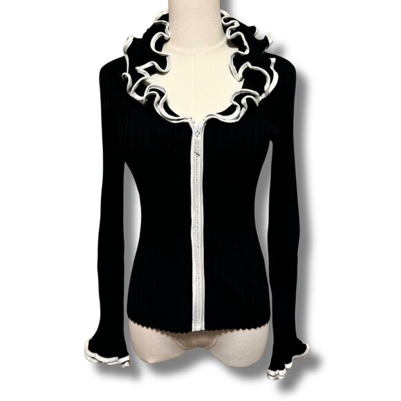 Belldini Black & White Ruffle Rhinestone Zip Front Sweater - NYE Top - Size S - Picture 1 of 6